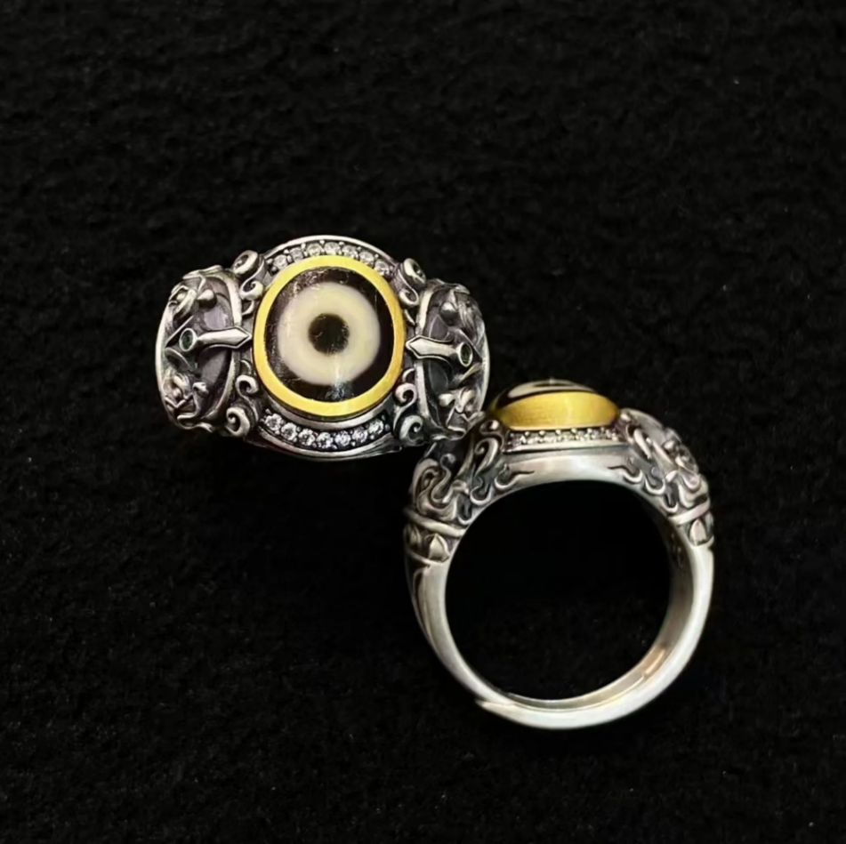 Tibetan Buddhist Vajrakilaya Silver Ritual Ring with Dzi Bead